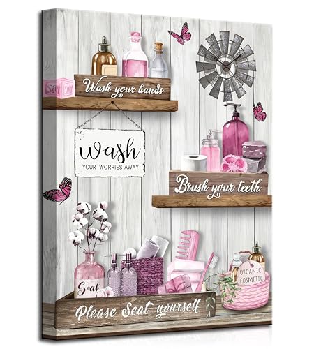 Pink Farmhouse Bathroom Canvas Wall Art Vintage...