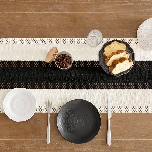 Image of ZeeMart Macrame Style Bicolor Stitching Table Runner, 14 x 36 Inch Black /Ivory, Boho Table Runners 36 Inches Long, Farmhouse Woven Home Decor