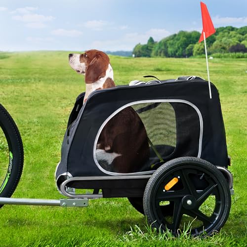AuraCraft Hundeanhänger für Fahrrad,fahrradanhänger hundefahrradanhänger gefedert inkl. Fahne ，Geeignet für große und mittelgroße Hunde (Schwarz, 138x60x72cm)