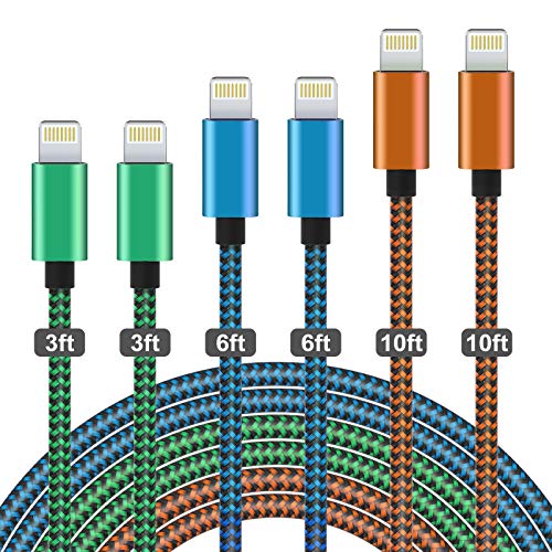 WUYA iPhone Charger, MFi Certified Lightning Cable 6 Pack - 3/3/6/6/10/10 FT Nylon Woven Fast Charging High Speed Data Sync Cord Compatible iPhone 11 Pro XS MAX XR XS X 8 7 Plus 6S 6 SE - Color