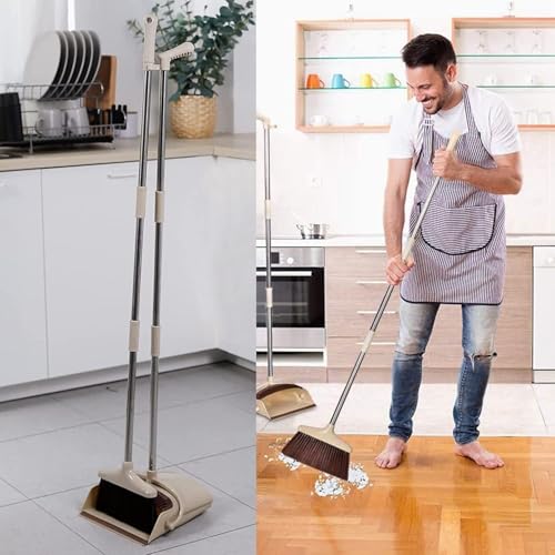 Image of Stand Up Dustpan & Broom Set with Long Extendable Handle, Upright Lobby Broom Combo for Home, Kitchen, Office & Bathroom Floor Cleaning, Easy Storage, Durable Sweeping Tool Set