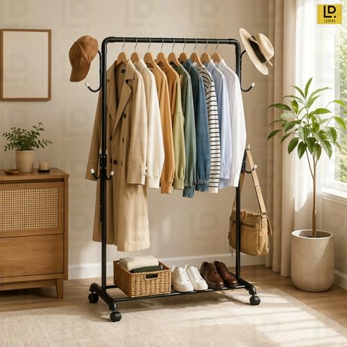 Image of LEOPAX Multipurpose Tree Coat Hanger Stand with Cloth Rail and Hooks, Durable Clothes Rack Organizer for Hanging Clothes, Bags and Accessories for Home, Living Room and Bedroom - Black