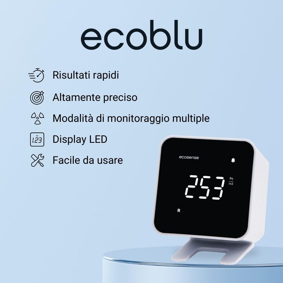 Ecosense EB100 EcoBlu, Rilevatore Radon domestico, Cattura & Visualizzazione Risultati Ogni 10 Minuti, Monitoraggio Continuo a Breve E Lungo Termine, Facile Da Usare