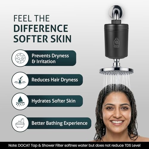 Image of DOCAT Tap Filter for Hard Water | Shower & Faucet Water Softener | Removes Chlorine, Limescale & Dirt | Reduces Hair Fall & Skin Dryness | Bathroom Filter for Tap & Hand Shower | Universal Fit | Black