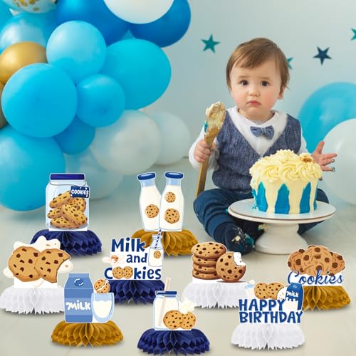 Image of Milk Cookies Birthday Decorations - 9 Pcs Milk and Cookie 1st Birthday Honeycomb Centerpieces, Bule Brown One Sweet Table Toppers Centerpieces, Photo Booth Props for Boys 2nd 3rd Party Decor
