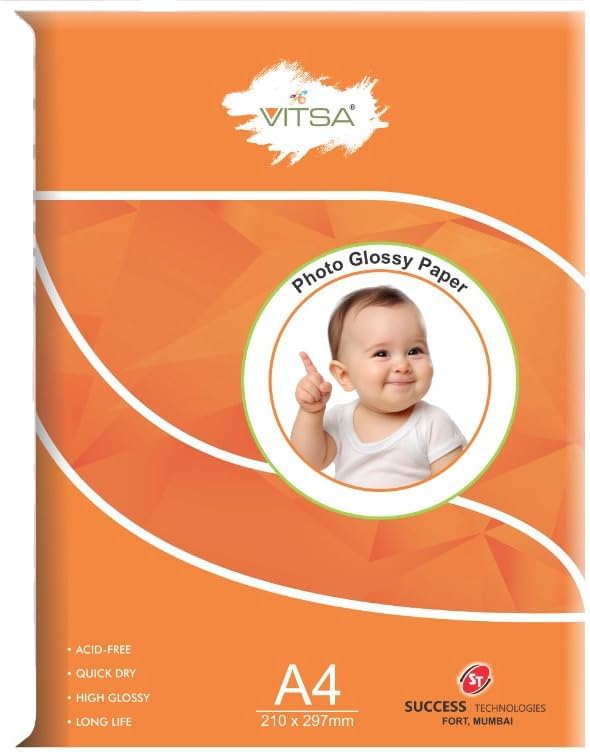 VITSA Photo Glossy Paper for Inkjet Photo Printing - A4 size - 210gsm (Pack of 50) (Pack of 50)