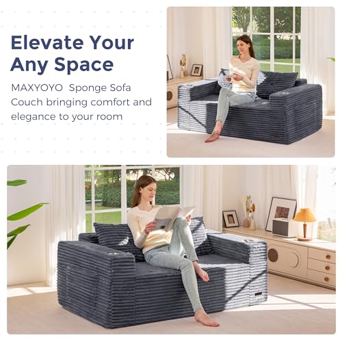 Image of MAXYOYO 63 inch Boneless Loveseat Sofa Couch for Small Spaces, Mini Love Seat Floor Couch with Cup Holders and Pillows, 2-Seater Upholstered Cloud Couch for Bedroom Apartment, No Assembly Required