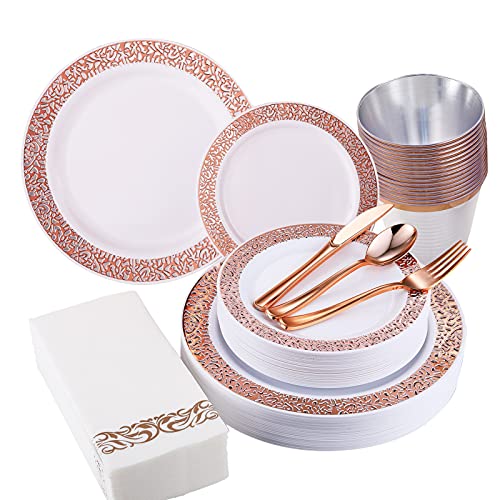 210 Pieces Rose Gold Plastic Dinnerware Disposable Plates 30 Dinner Plates 30 Dessert Plates & 30 Cups &30 Linen Like Rose Gold Paper Napkins & 30 Plastic Silverware Set, Plastic Dinner Plates