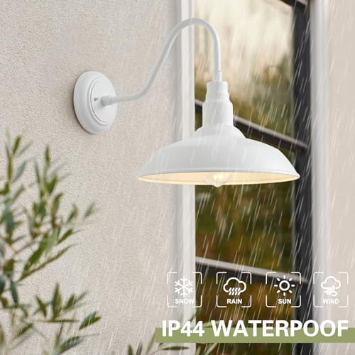 Image of 2 Pack 14in Barn Gooseneck Lights for House, White Outdoor Farmhouse Wall Light Fixture for Porch, Exterior Patio Wall Sconce for Front Door, Garage