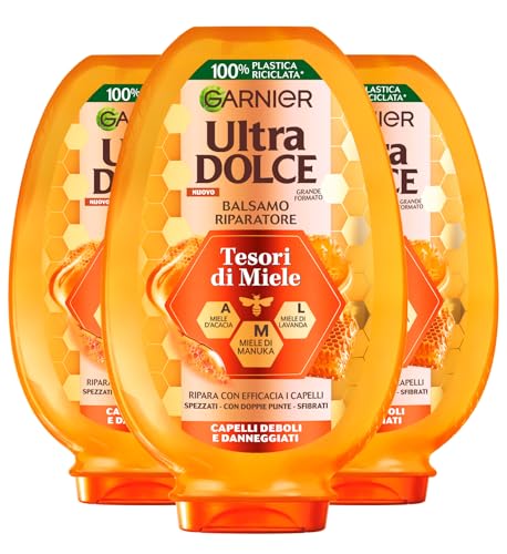 Garnier Ultra Dolce Balsamo Riparatore per Capelli Spezzati Sfibrati Deboli Danneggiati con Doppie Punte Tesori di Miele con Mieli di Manuka Acacia Lavanda - 3 Flaconi da 360ml