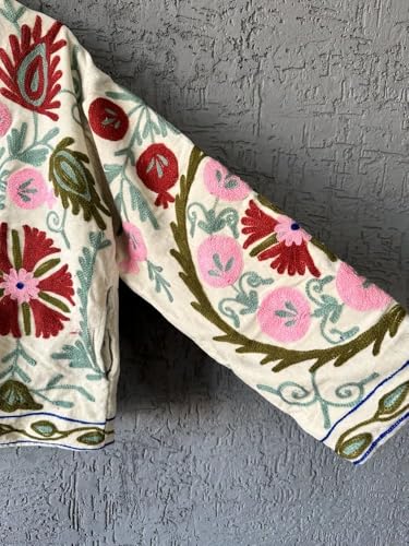 Vintage Floral Embroidered Velvet Jacket, Cream with Burgundy Pink Flowers, Stand Collar, Suzani-Style Border, Hip Length4