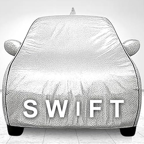 Image of UNIQE 100% Waterproof Car Body Cover for Maruti Swift (2018-2025) with Mirror and Antenna Pocket, Soft Cotton Lining, Triple Stitched (Heat Resistant Metallic Silver with Black Piping)