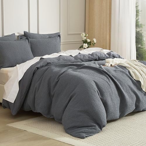SE SOFTEXLY Waffle Duvet Cover Queen, 100% Cotton Waffle Weave Bedding Duvet Cover Set, Soft and Breathable Comforter Cover for All Season, 3 Pieces Including Pillow Shams(Dark Grey, 90”x90”)