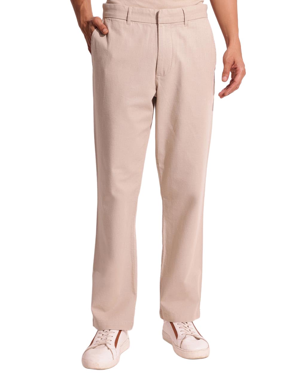Beige Cotton Straight Fit Solid Regular Pants-image-14