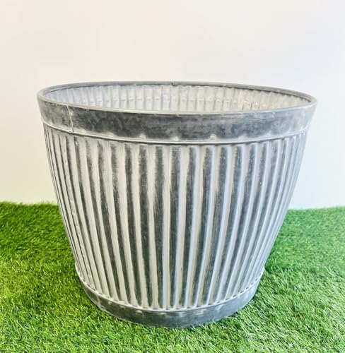My Square Mile Large Galvanised Metal Garden Planters Outdoor Plant Pot Vintage Ribbed Barrel Tub Decoration (Medium 31cm x 27cm)
