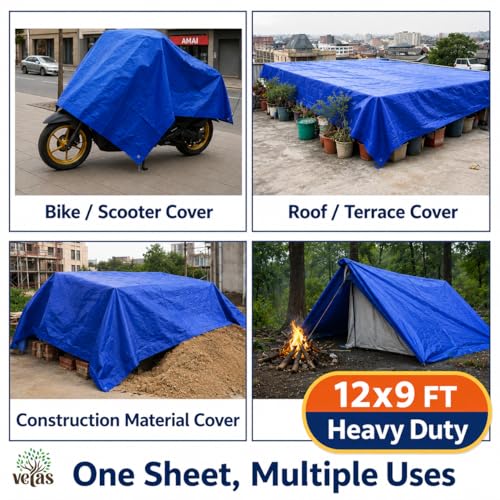 Image of VETAS Waterproof Tarpaulin Sheet, Blue, 120 GSM, Heavy Duty, UV Resistant, Tear-Proof, Reusable with Eyelets for Roof, Camping & Vehicle Use (12 X 9 Ft)