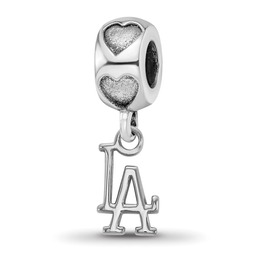 LogoArt Sterling Silver Rhodium Plated Los Angeles Dodgers LA MLB on Heart Bead, GQDOD006BD2SS