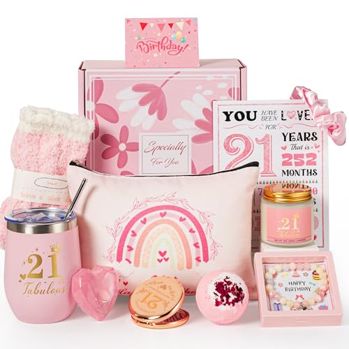 21st Birthday Gifts for Her,Happy 21st Birthday Gift Ideas Box for Girls,Cute Unique Turning 21 Year Old Birthday Gifts Basket Presents with Tumbler Set for Women,Best Friend,Sister Daughter,Female