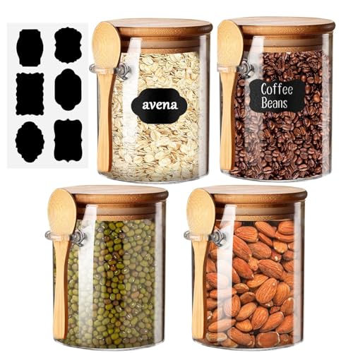 Reviews de Botes para especias . 46 Recipientes de Avena,6 pcs 17oz Tarros de Vidrio con Tapa Hermética y Cuchara, con etiquetas,Adecuado para granos, Café, Azúcar, Especias, Té, comidas de yogur. (Paquete de 4)