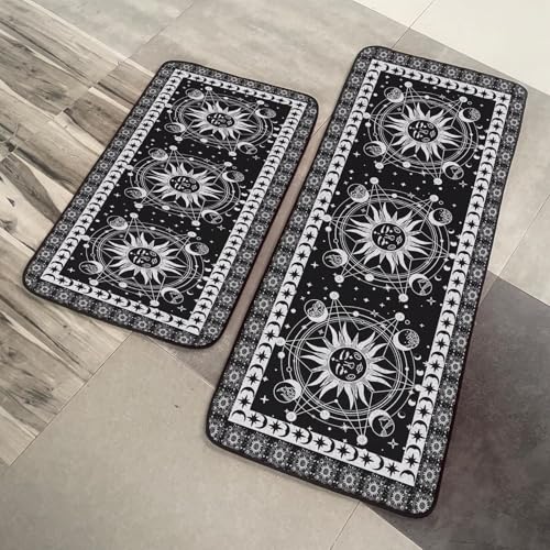 Boho Celestial Kitchen Rug, Bohemian Farmhouse Occult Crescent Kitchen Rugs Set of 2, Washable Non-Slip Kitchen Floor Mats Kitchen Decor, 20"×32"+20"×47", Black Black Boho 20"x32" + 20"x47"