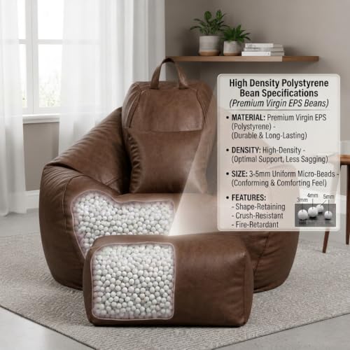 Image of KAM'S LIEU 5XL Premium Imported Suede Bean Bag Chair with Footrest & Cushion | Filled with High Density Polystyrene Beans | Premium Soft Fabric | Ready to Use Color- (Brown, 5XL)