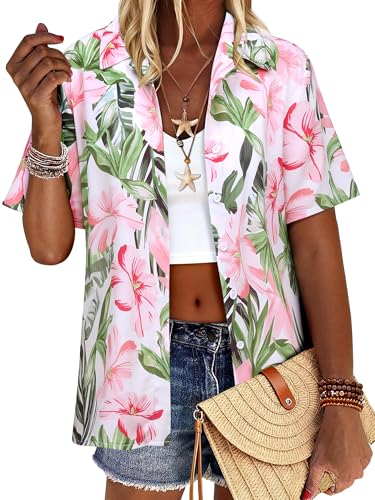 ZXZY Women Summer Hawaii Shirts Soft Cool Floral Tropic Print Short Sleeve Button Up Tops T-Shirt Green