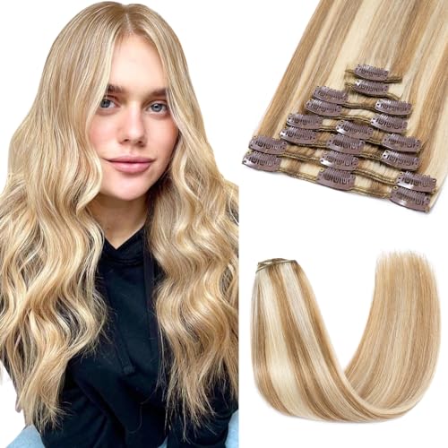 SEGOHAIR 8PCS Extension Cheveux Naturel Clip, 8 pouces 18Clips Extension Clip Cheveux Naturel Extention de Cheveux Humains Remy Vrai Cheveux – 45g Brun doré...