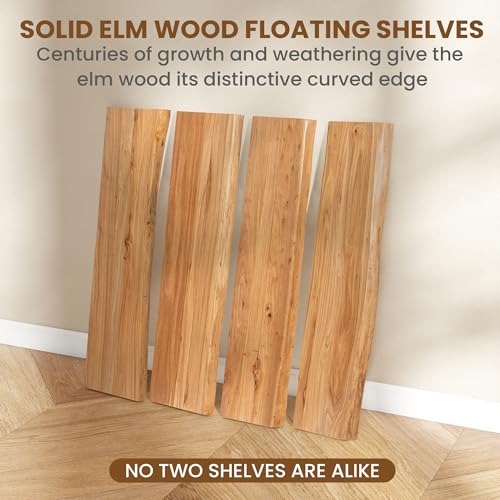 Image of Floating Shelves for Wall, Rustic Solid Elm Wood Live Edge Floating Shelves Wall Mounted, Wall Shelves with Invisible Bracket for Living Room Bedroom Bathroom Kitchen, 15.7 Inch Set of 2, Natural