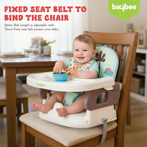Image of Baybee Portable Baby Booster Chair for Feeding | Folding Dining Chair for Baby with 2 Level Height Adjustable, Food Tray, Safety Belt | Infant Sitting Chairs for Kids 6 Months to 3 Years (Brown)