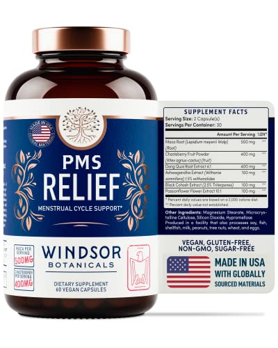 PMS Relief Support Supplement Capsules - Windsor Botanicals Pain and Mood Formula - Relieve Period Symptoms and Premenstrual Stress - Gluten-Free, Non-GMO - 30 Day, 60 Vegan Capsules