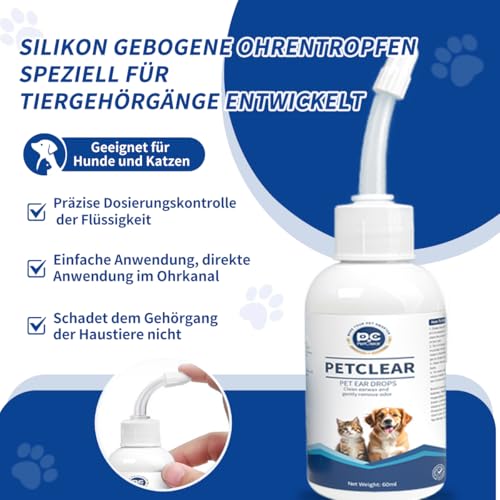 Ohrenreiniger hund Ohrenpflege für Hunde 60ml Ohrenreiniger stoppen Ohren Entzündungen und Juckreiz, Haustier Ohrreiniger für Hunde und Katzen, Hundeohrreinigungslösung, Schmutz, Geruchsentferner