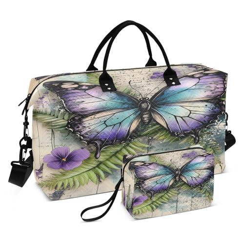 Weekender Bags Travel Duffel Gym Bag Retro Butterfly Carry on Overnight Tote Bag with Toiletry Bag for Airplane Travel Trip Gym Yoga