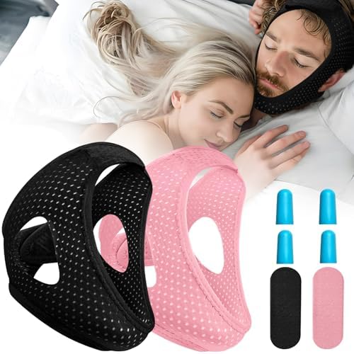 Chin Strap for Sleeping User, Anti Snore Chin Strap to Keep Mouth Closed, Airflow Jaw Strap for Sleep Anti Snoring Chin Straps for Men Women Stop Snoring Strap with Earplugs (2pack)