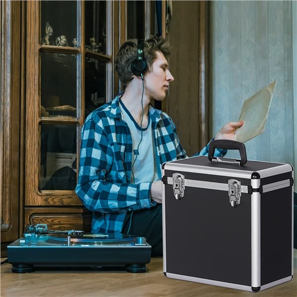Abician Mallette de Rangement pour Disques Vinyles de 33 Tours pour Collection de DJ Valise Vinyles avec Fermeture à Clé pour 50 Albums 36 x 35 x 20 cm Noir