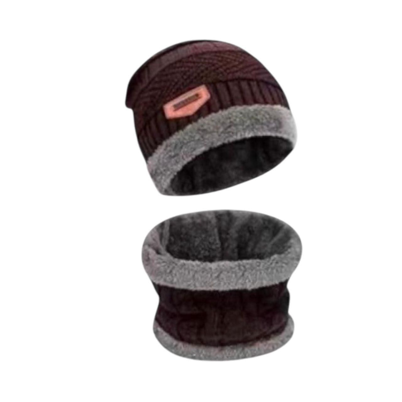 Winter Warm Knit Beanie Hat and Fleece-Lined Neck Warmer Set – Soft Thermal Black Cap with Grey Inner Lining – Unisex Cold Weather Windproof Accessories for Men and Women-image-3