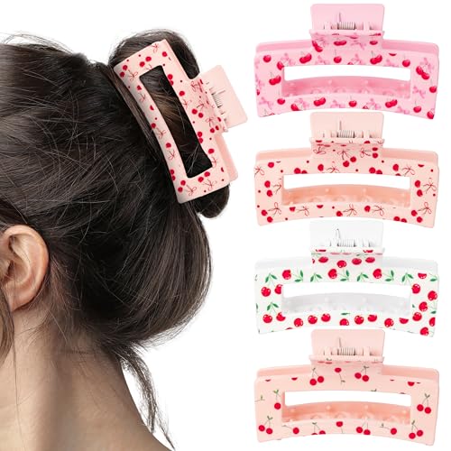 PANTIDE 4Pcs Cherry Hair Claw Clips for Women Girls - Bow Fruit Cute Rectangle Nonslip Banana Hair Clips for Women Girls Thin Thick Short Long Curly Accessories Valentines Day Birthday Party Gift