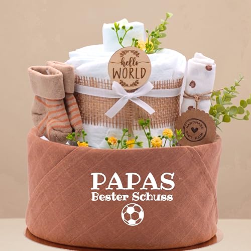 Trend Mama® | Windeltorte Boho Style | Spruch wählbar | 27 Windeln (Gr.2), Musselintuch, Socken & Waschhandschuh |Geschenk Geburt (Design| Papas bester Schuss)