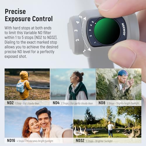 Image of NEEWER Variable ND Filter Compatible with DJI Osmo Pocket 3 / Pocket 4 / Xtra Muse, Magnetic ND2-32 Adjustable Neutral Density Action Camera Lens Filter, 2X Screen Protector, 2X Cleaning Cloth