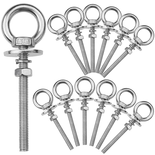 Image of 12 Pack M8 Stainless Steel Eye Bolts with Nuts,5 /16 inch x 3 inch Eye Bolts | 304 Stainless Steel Eye Bolt,Eye Bolts Heavy Duty for Hang Tie Down Outdoor,m8 eye bolt,Long Lifting Ring Eye Bolt