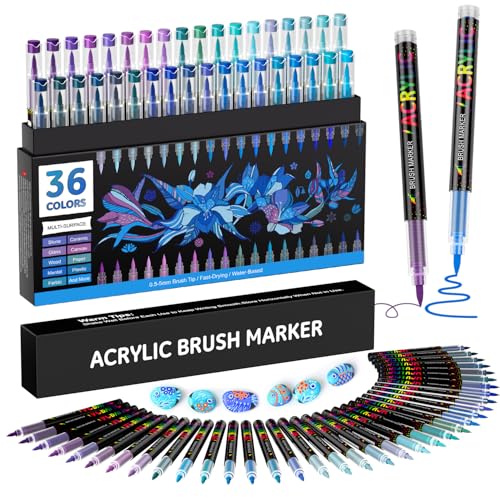 Sonlaryin Feutre Acrylique 36 Couleurs 36 Pièces, Marqueur Peinture Acrylique Pinceau Pour Papier, Verre, Galet, Métal, Plastique, Bois, Oeuf, Céramique, Textile - Bleu