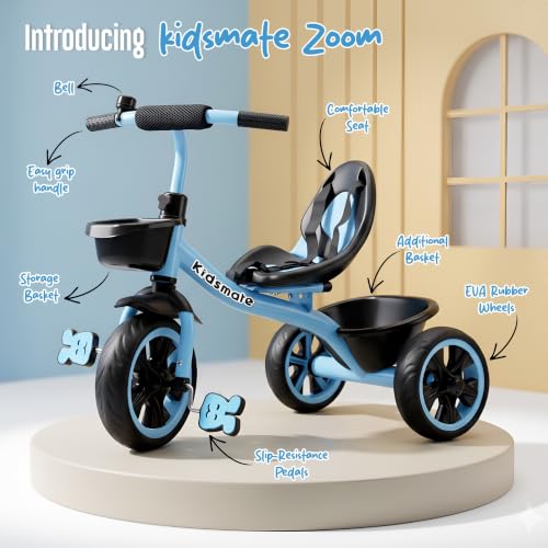 Image of Kidsmate Zoom Trike Cycle for Kids 2-5 Years | Tricycle for Kids | Tricycle for Boys & Girls | Baby Cycle with Anti-Skid EVA Wheels, Bell, Front & Rear Basket, Comfortable Seat | 30kg Capacity - Blue