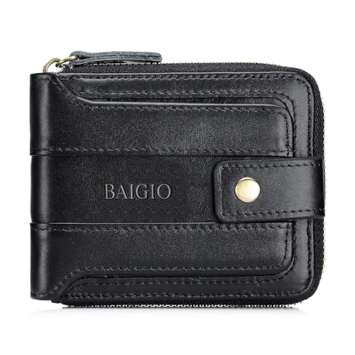 Image of BAIGIO Genuine Leather Wallets for Men Multi Card Purse with Zipper Wallet Men RFID Blocking Coin Pocket (Type 2-Black)