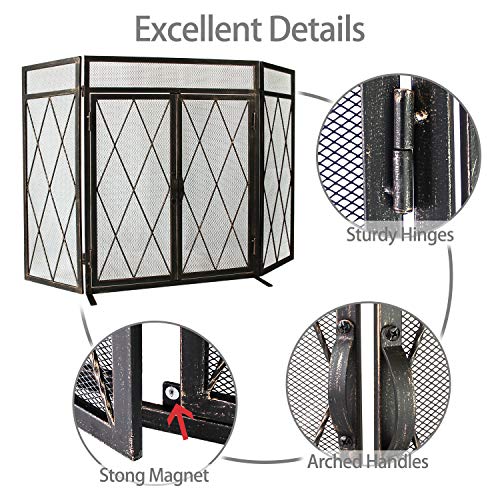 WBHome 3 Panel Wrought Iron Fireplace Screen with Doors Large Flat Guard Metal Decorative Mesh Cover Baby Safe Proof Firewood Burning Stove Accessories (50" L x 32" H x 9.5" W)