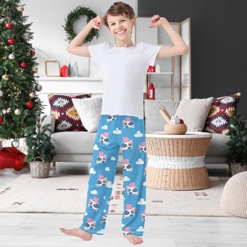 Boy's Pj Pants Cute Flying Cows Pink Wings Blue Cloud Lounge Bottoms Elastic Kids Joggers with Pockets Size 6-142