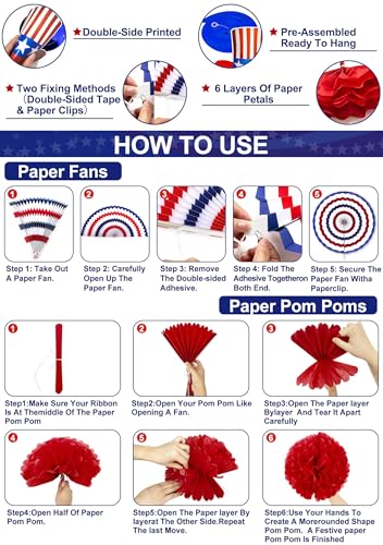 Image of AMENON 78 PCS 4th of July Decorations Set, Patriotic Paper Fans Decorations Red White Blue Hanging Paper Pom Poms Swirls Americans Flag Stars Stripes Party Supplies for Independence Day Indoor Decor