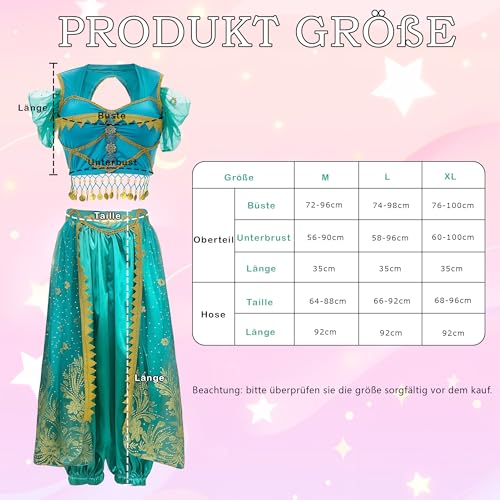 MUNAFIE Aladdin Kostüm Arabisch Bauchtanz Jasmin Prinzessin Pailletten Kostüm Halloween Karneval Partykleidung Grün M