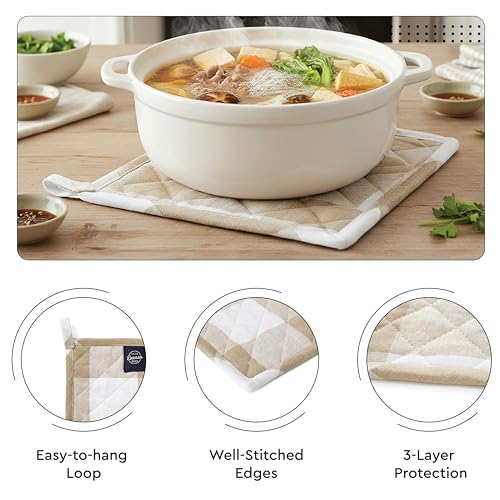 Image of Encasa XO 100% Cotton Apron Set for Women & Men with Adjustable Apron, Oven Gloves & Pot Holder (Pack of 3) Combo, Heat-Resistant, Soft & Durable for Cooking, Baking & Grilling (Buffalo Beige Checks)