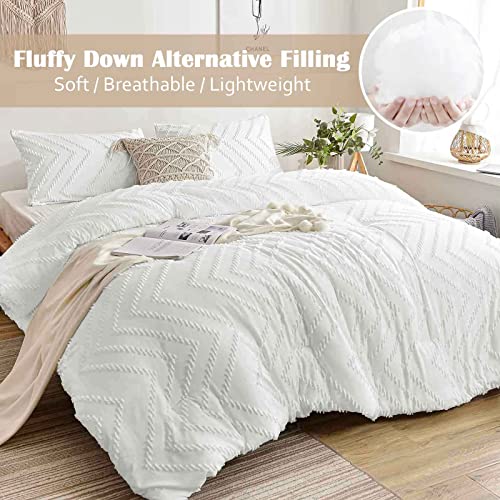 Nanko King Comforter Set White Tufted Jacquard Boho Soft Shabby Chic Reversible Down Alternative Microfiber Bedding - All Season Duvet And 2 Pillowcases Farmhouse Bed Sets Women Men 104 X 90 Size 3Pc #TOP1