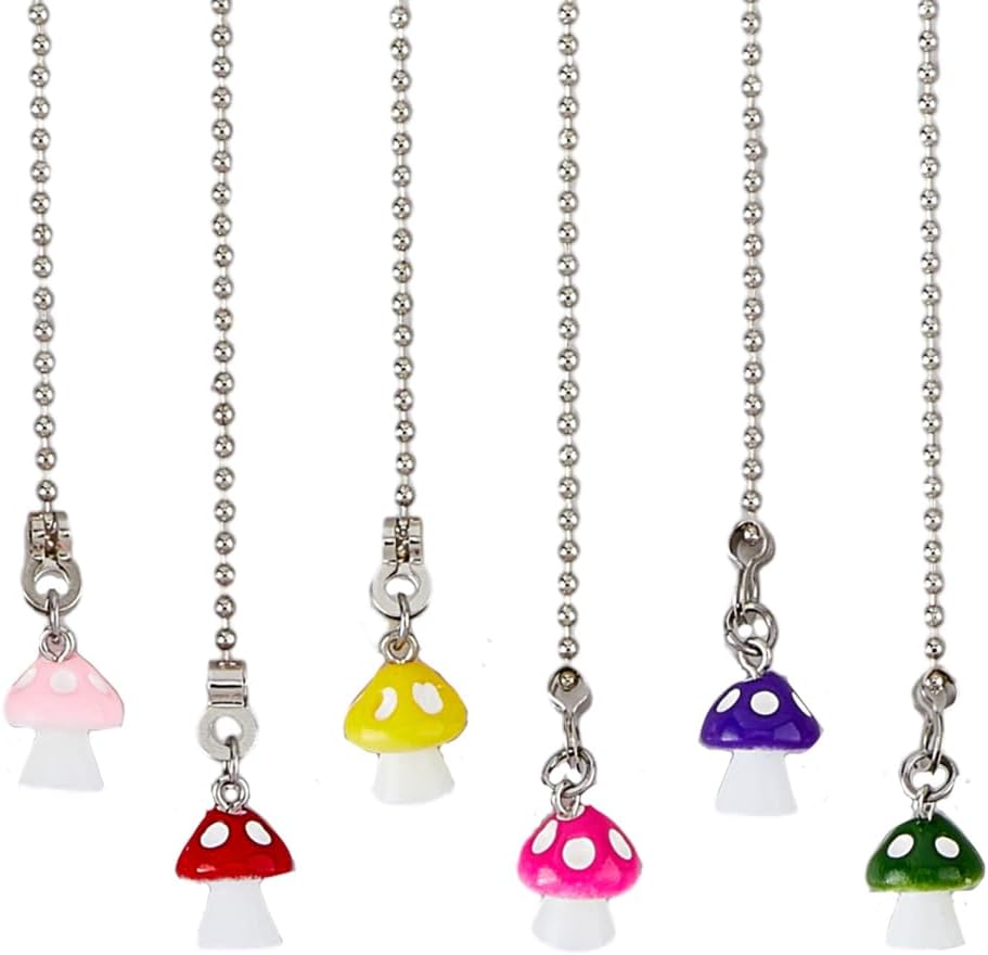 DICOSMETIC 6Pcs Ceiling Fan Pull Chain Extension 6 Styles Stainless Steel Ceiling Pull Chain Pendant Cute Mushroom Light Pull Chain Extender for Fan Wall Lighting Lamp Summer Home Decor