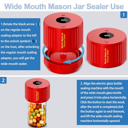 Electric Mason Jar Vacuum Sealer Kit for Wide Mouth and Regular Mouth Mason Jar - Red